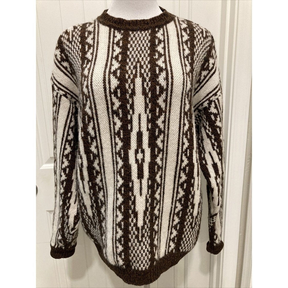 Vintage Benetton Italy Shetland Wool Long Sleeve Sweater Brown &Cream SZ L? Read